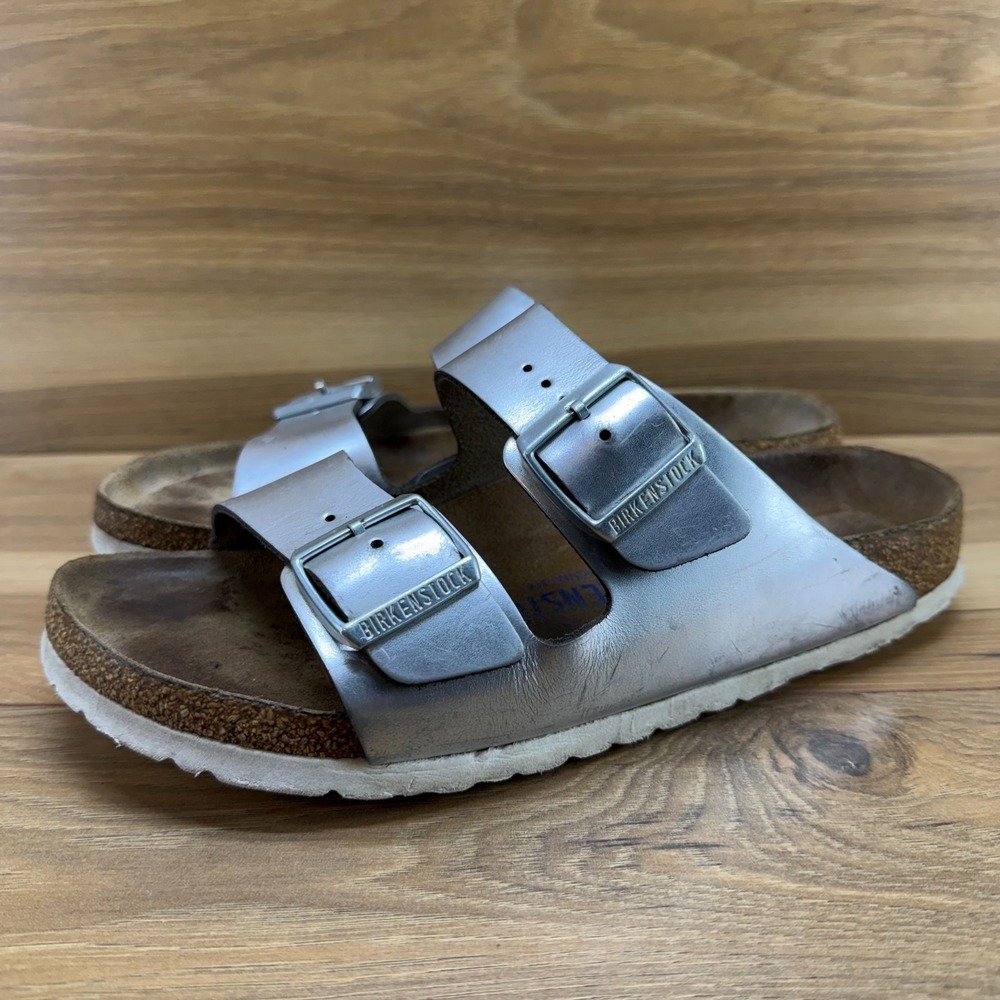Birkenstock Arizona Soft Footbed Sandals Womens 8 N EU 39 Silver Leather Travel - Picture 3 of 10